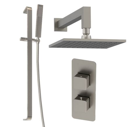 Liva Brushed Nickel Dual Outlet Square Shower Pack with Fixed Head & Slider Rail