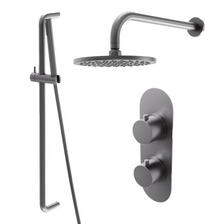 Elora Gunmetal Round Dual Outlet Shower Pack with Fixed Head & Slider Rail