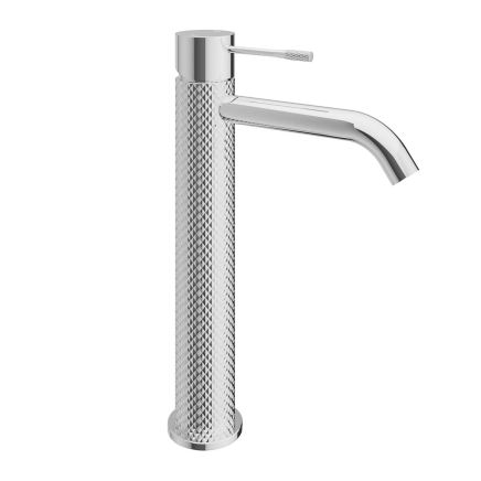 Moray Chrome tall basin mixer tap featuring a textured knurled detailing