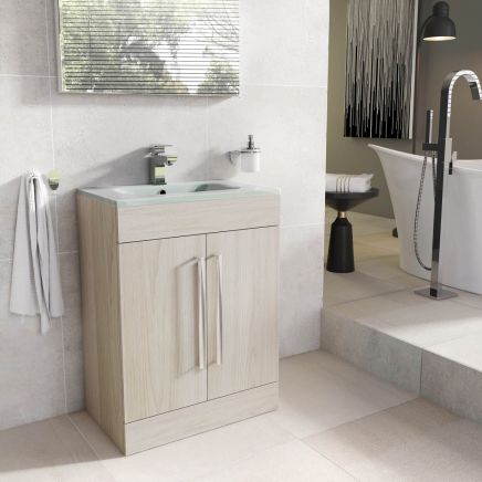 Nante Light Elm Floor Standing Vanity Unit with Glass Basin 600mm