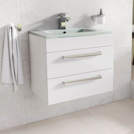 Nante Gloss White Wall Hung Vanity Unit with Glass Basin 600mm