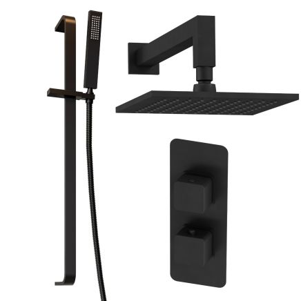 Liva Matt Black Dual Outlet Square Shower Pack with Fixed Head & Slider Rail