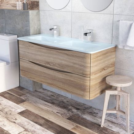 Erin Light Oak Wall Hung Vanity Unit with White Glass Basin 1200mm
