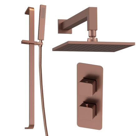 Liva Brushed Bronze Dual Outlet Square Shower Pack with Fixed Head & Slider Rail