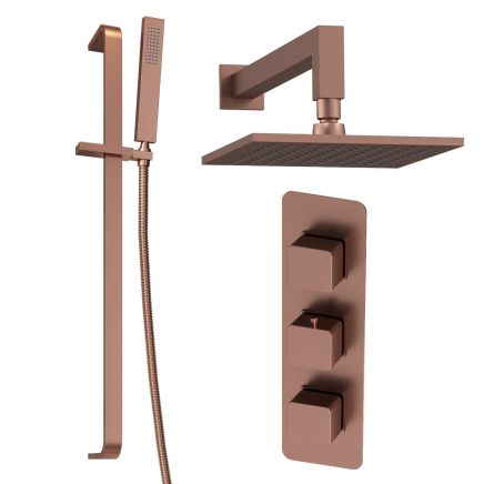 Liva Brushed Bronze Triple Control Square Shower Pack with Fixed Head & Slider Rail
