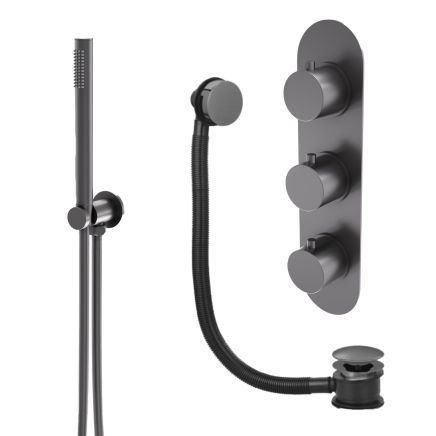Elora Gunmetal Round Triple Control Shower Pack with Handheld Shower & Overflow Bath Filler