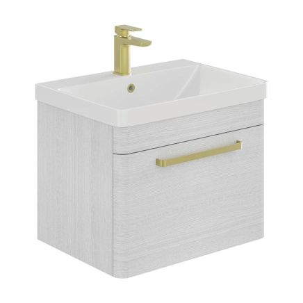 Esk White Wall Hung Vanity Unit and Basin with Brushed Gold Handles 600mm