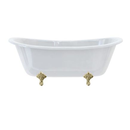White boat shaped double ended bath with roll top edge and traditional gold feet