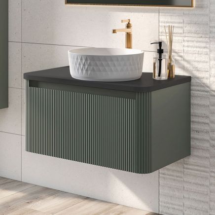 600mm Wish Ribbed Wall Hung Vanity Unit in Green with Black Worktop
