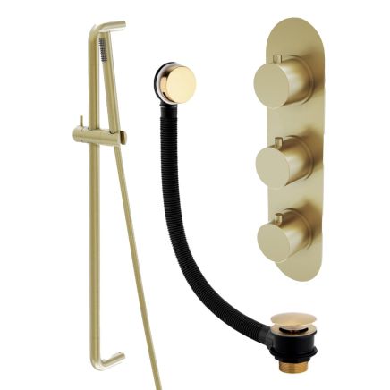 Elora Brushed Gold Round Triple Control Shower Pack with Slider Rail & Overflow Bath Filler