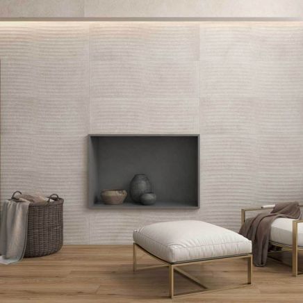 Flat swatch view of the Kenya Feel Marfil Wave Ceramic Tile 250x750mm showing 3D horizontal wave relief in warm ivory.