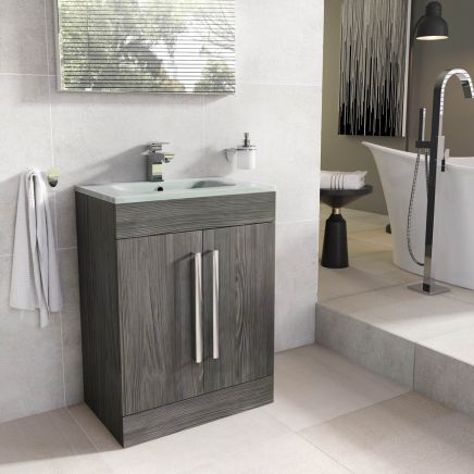 Nante Dark Elm Floor Standing Vanity Unit with Glass Basin 600mm
