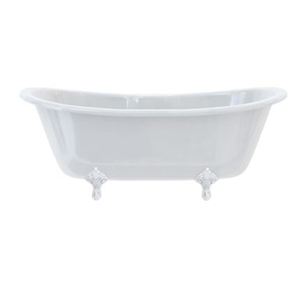 White boat shaped double ended bath with roll top edge and traditional white feet