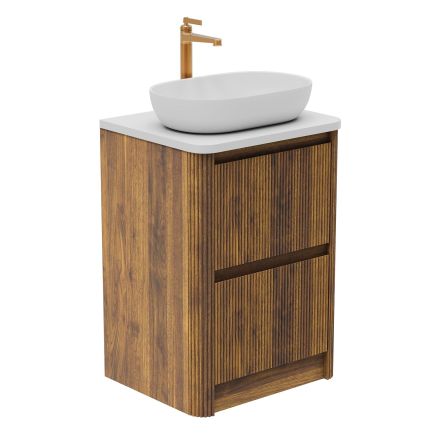 Wish Ribbed Floor Standing Vanity Unit With Drawers in Walnut with White Worktop