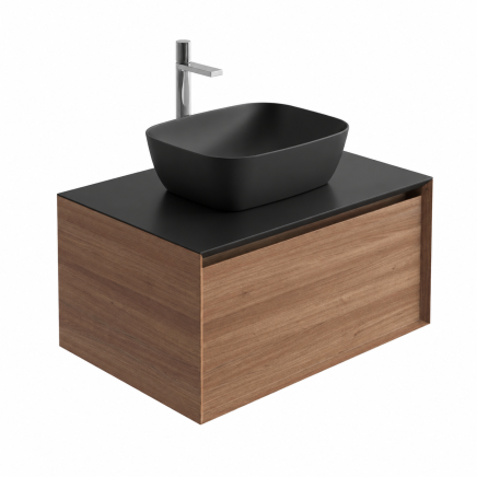 Snowdon 750mm Wall Hung Vanity Unit with Black Worktop in Natural Oak pictured with a black basin