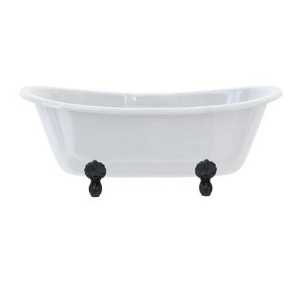 White boat shaped double ended bath with roll top edge and traditional black feet