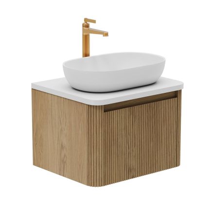 Wish Ribbed Wall Hung Vanity Unit in Natural Oak with White Worktop 600mm
