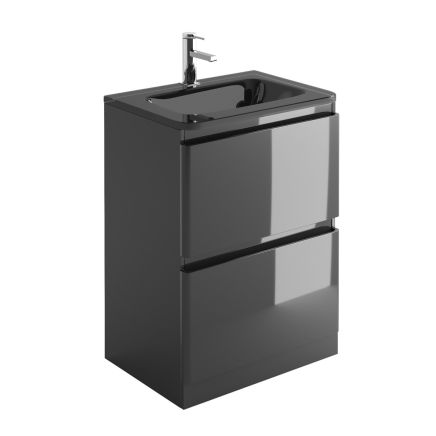 Neon Gloss Titanium Grey Floor Standing Vanity Unit with Grey Glass Basin 600mm