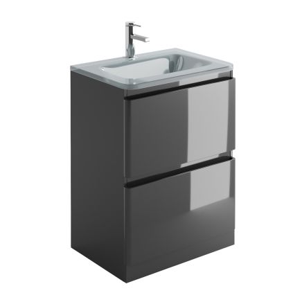 Neon Gloss Titanium Grey Floor Standing Vanity Unit with Opal Glass Basin 600mm