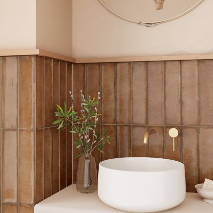 Brown Glossy Ceramic Brick Tile in Bathroom