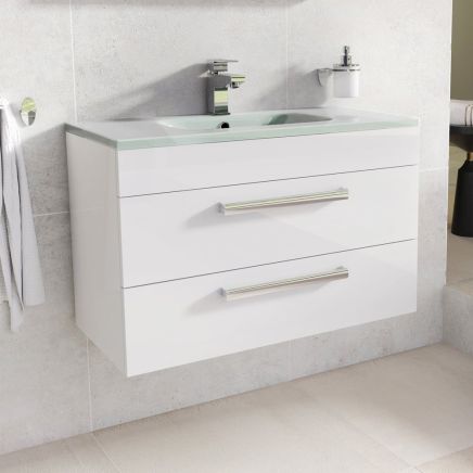 Nante Gloss White Wall Hung Vanity Unit with Glass Basin 800mm
