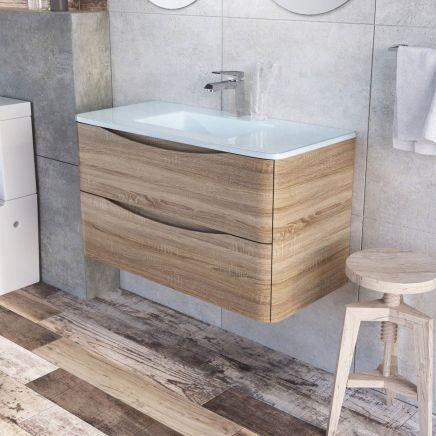 Erin Light Oak Wall Hung Vanity Unit with White Glass Basin 900mm