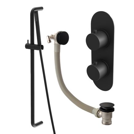 Elora Matt Black Round Dual Outlet Shower Pack with Slider Rail & Overflow Bath Filler