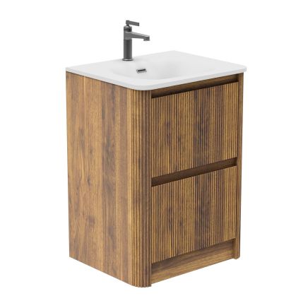 Wish Ribbed Floor Standing Vanity Unit With Drawers in Walnut with Matt White Basin - 600mm