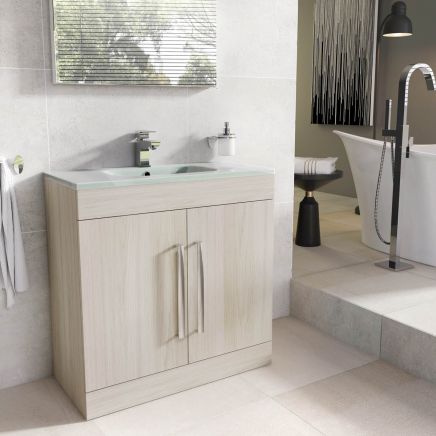 Nante Light Elm Floor Standing Vanity Unit with Glass Basin 800mm