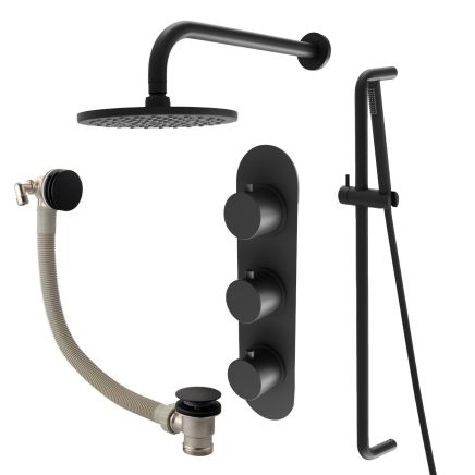 Elora Matt Black Triple Outlet Shower Pack with Head, Slider Rail & Bath Filler