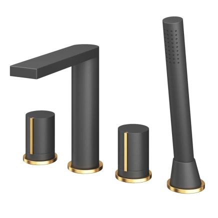 Pancho Matt Black and Gold Deck Mounted 4 Hole Bath Shower Mixer Tap