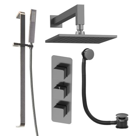 Liva Gunmetal Shower Pack with Fixed Head, Slider Rail & Overflow Bath Filler