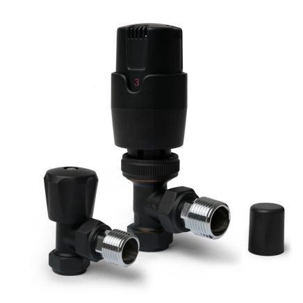 Thermostatic Black Angled Pair of Radiator Valves Spec Drawing