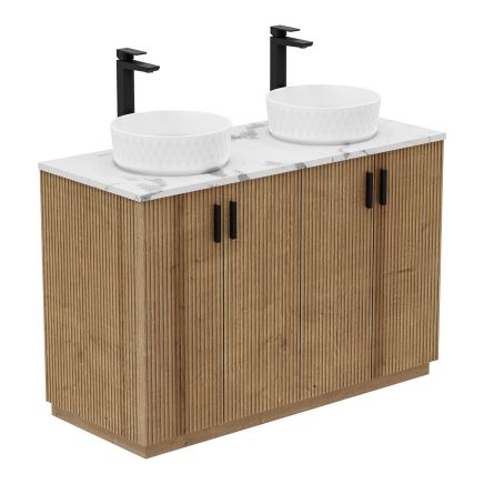 Revel Ribbed Natural Oak Floor Standing Vanity Unit & Marble Worktop with 2 Tap Holes 1200mm