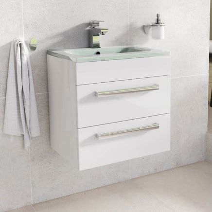 Nante Gloss White Wall Hung Vanity Unit with Glass Basin 515mm