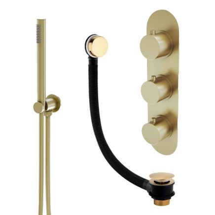 Elora Brushed Gold Round Triple Control Shower Pack with Handheld Shower & Overflow Bath Filler