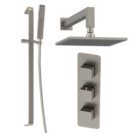 Liva Brushed Nickel Triple Control Square Shower Pack with Fixed Head & Slider Rail