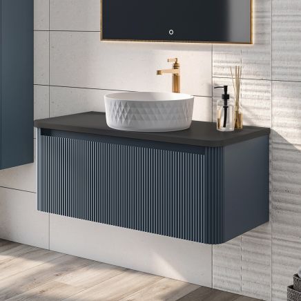 Wish Ribbed Wall Hung Vanity Unit in Blue with Black Worktop