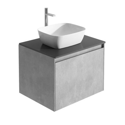Odion 600mm Wall Hung Vanity Unit in Concrete with Black Worktop