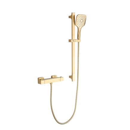 Pembroke Square Exposed Thermostatic Bar Valve & Slide Rail Brushed Gold Shower Kit