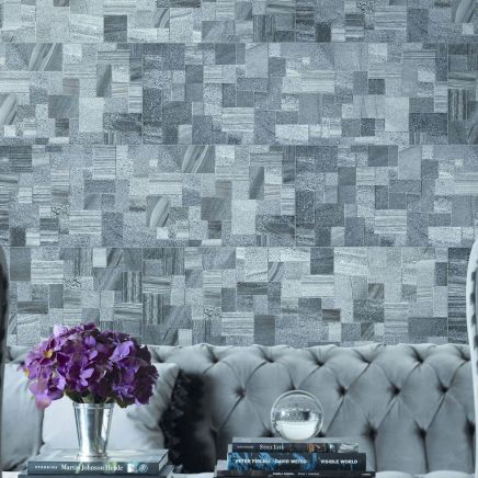 Full-face swatch shot of an elongated rectangular Gabriel Anthracite ceramic tile displaying a pre-patterned geometric mosaic grid of grey and charcoal stone textures