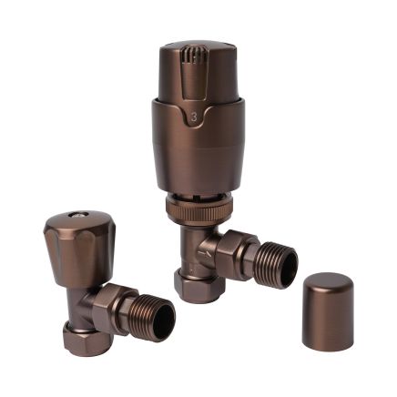 Thermostatic Brushed Bronze Angled Pair of Radiator Valves