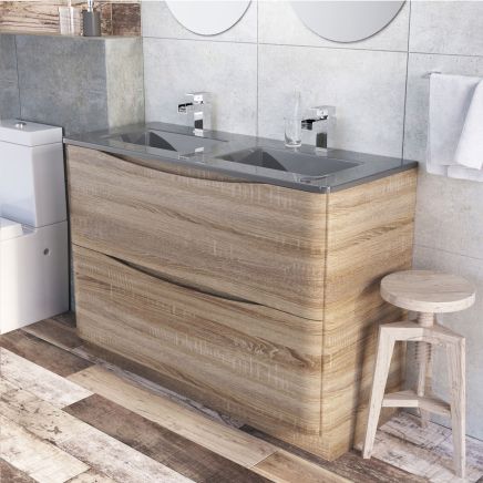 Erin Light Oak Floor Standing Vanity Unit with Grey Glass Basin 1200mm
