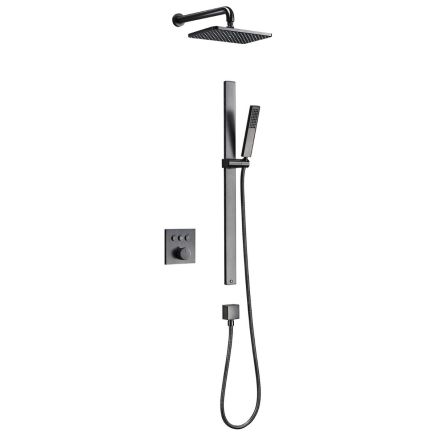 Baylin Gunmetal Square Triple Outlet with Slide Rail Kit, Shower Head, Arm & Bath Overflow