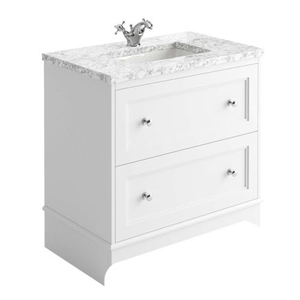 650mm Vanity Unit in Matt White with Marble Worktop & Ceramic Basin