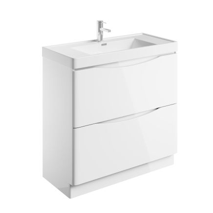Angled view of the Erin Gloss White Floor Standing Vanity Unit with Ceramic Basin 900mm