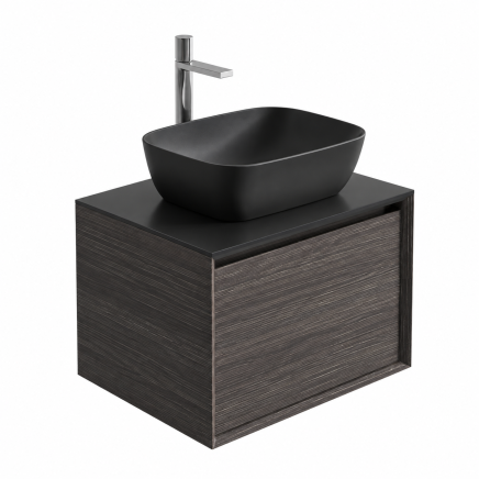 Snowdon Leached Oak Wall Hung Vanity Unit with Black Worktop 600mm pictured with black basin