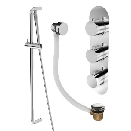 Elora Chrome Round Triple Control Shower Pack with Slider Rail & Overflow Bath Filler