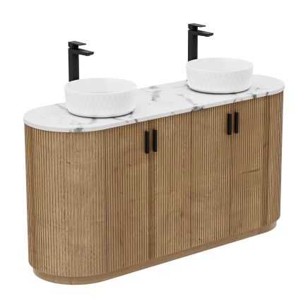 Revel Ribbed Natural Oak Floor Standing Vanity Unit & Marble Worktop with 2 Tap Holes 1600mm
