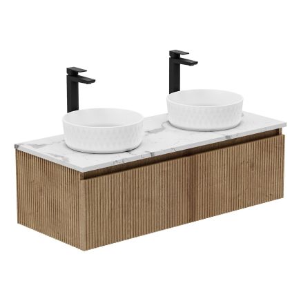 Revel Ribbed Natural Oak Wall Hung Vanity Unit & Marble Worktop with 2 Tap Holes 1200mm